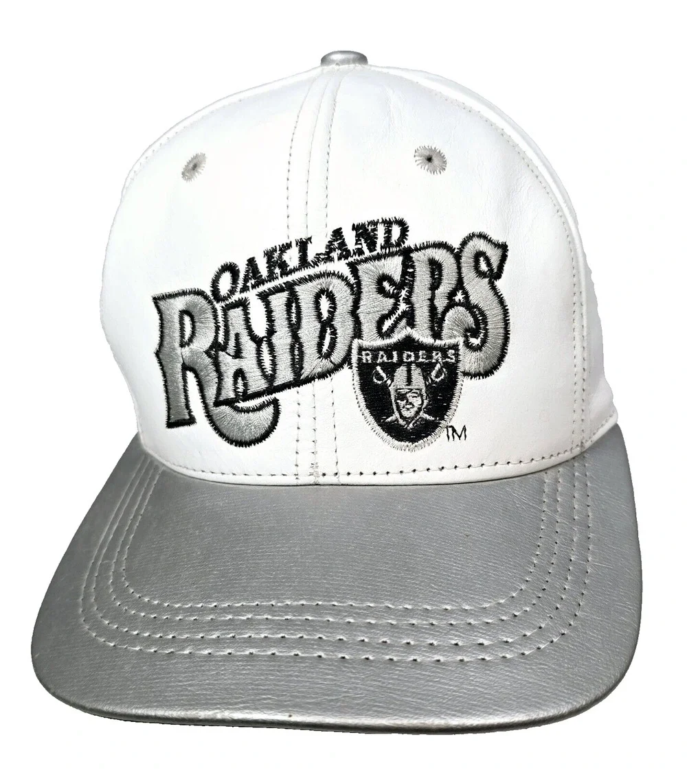 Vintage NFL Branded Oakland Raiders Leather Strapback Cap White, Silver, USA